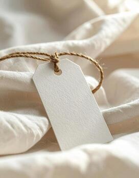 Blank white tag on soft textured fabric with natural light. photo