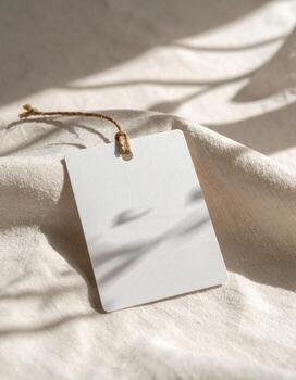 Blank white tag on textured fabric with shadow overlay minimalist style. photo