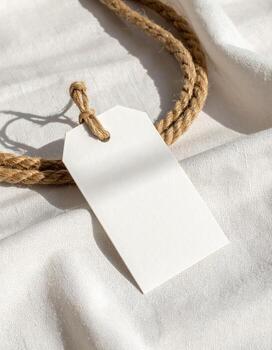 Blank White Tag with Jute String on White Fabric. photo