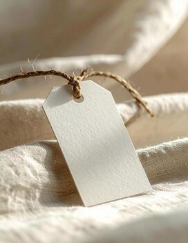 Blank white tag with string on textured fabric background studii ligting photo
