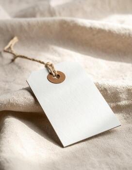 Blank white paper tag with string on textured fabric background. photo