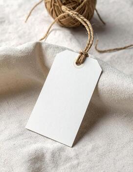 Blank white tag with twine on textured fabric background. photo