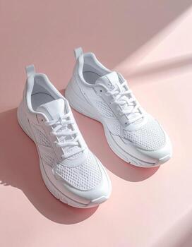Clean white running shoes on a light pink background with shadows. photo