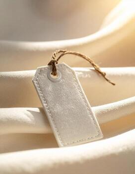 Closeup of a blank tag on a white fabric surface. photo
