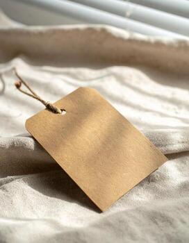 Closeup of a blank brown tag on a white fabric surface. photo