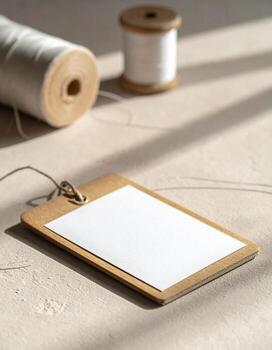Craft Tag Mockup with Spools of Thread on Beige Surface. photo