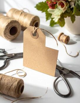 Crafting Still Life with Twine Tag and Floral Arrangement. photo