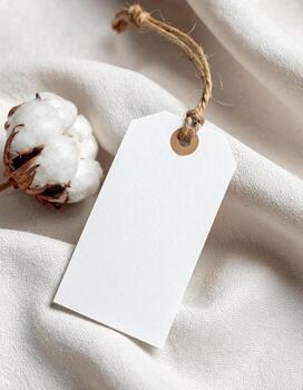 Elegant blank tag mockup with cotton flower on soft fabric. photo