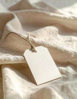 Elegant blank tag on soft textured fabric with subtle light. photo
