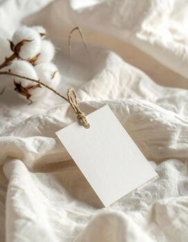 Elegant cotton branch and blank card on soft white fabric. photo