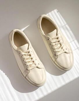 Elegant Cream Sneakers on White Surface with Shadow Play. photo