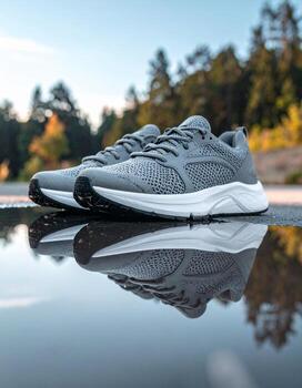 Gray running shoes reflected in a puddle on a road. photo