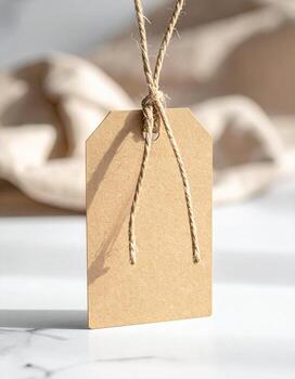 Minimalist Brown Paper Tag with Jute String on Marble Surface. photo