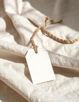Minimalist gift tag on white fabric with rustic twine. photo