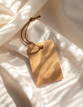 Minimalist Tag on White Fabric A Study in Light and Shadow. photo