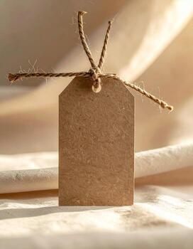 Rustic Brown Tag with Twine on Soft Fabric Background. photo
