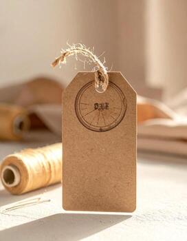 Rustic charm Kraft tag with twine spool of thread and fabric. photo