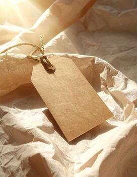 Rustic Kraft Tag on Crumpled Paper A Vintage Aesthetic. photo
