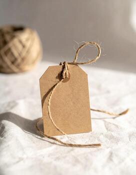 Rustic Kraft Tag with Twine on White Fabric Ball of Twine. photo