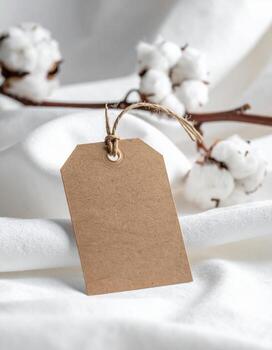 Rustic Kraft Tag with Cotton Branch on Soft White Fabric. photo