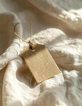 Rustic Tag on Soft White Fabric A Study in Texture and Light. photo
