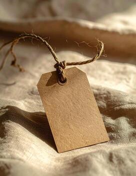 Rustic Tag on Textured Fabric A CloseUp of a Blank Label. photo