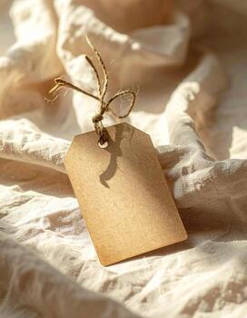 Rustic Tag on Textured Fabric Vintage Charm and Natural Light. photo