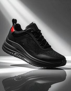 Sleek Black Sneaker with Red Accent on Reflective Surface. photo