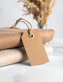 Stack of wrapped gifts with blank tag and dried flowers. photo