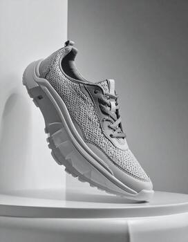 Stylish Gray Knit Sneaker Floating Above White Surface in Studio. photo