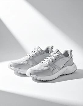 Stylish White Sneakers on a White Surface with Shadow. photo