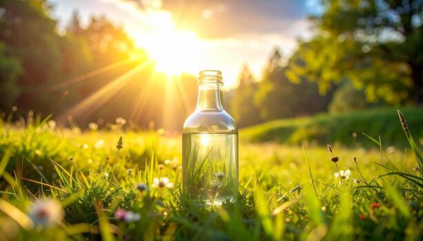 Golden Hour Elixir Clear Bottle Reflecting Sunset in Meadow Grass. photo