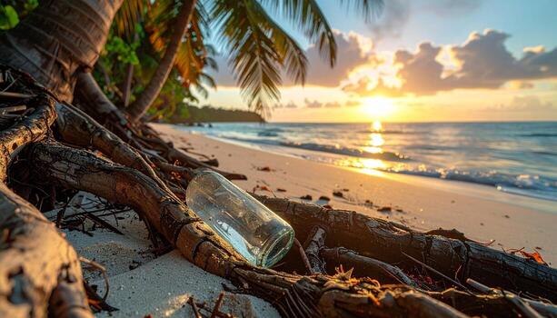 Message in a Bottle Tropical Beach Sunrise with Palm Trees and Glass. photo