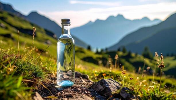 Refreshing Water Bottle on Mountain Trail with Alpine Vista in Background. photo