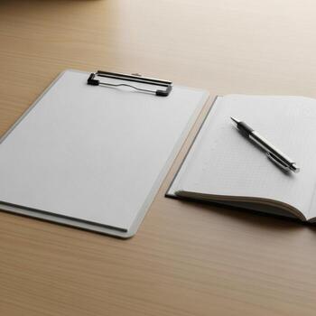 Clipboard and Notebook on Desk A Study in Simplicity and Focus. photo