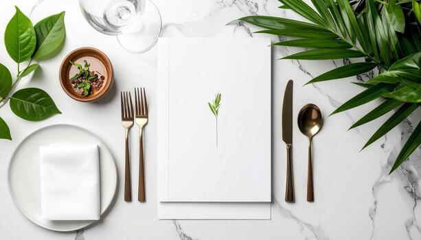 Elegant Table Setting with Greenery and Minimalist Menu Design. photo