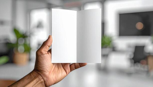 Hand Holding Open Blank Brochure in Modern Office Setting. photo