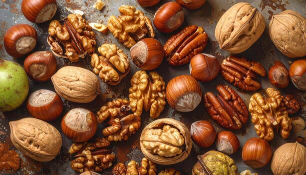 Assorted Nuts Walnuts Hazelnuts and Pecans on Textured Surface. photo