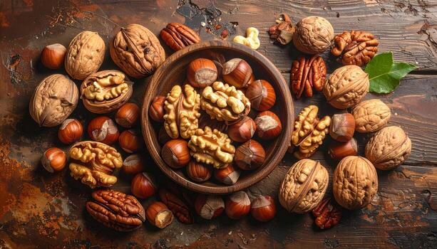 Assorted Nuts in Bowl and Scattered on Wooden Surface. photo
