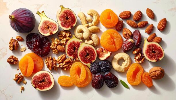 Assortment of Dried Fruits and Nuts on a White Surface. photo