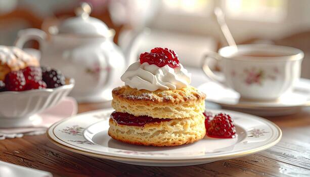 Delicious Scone Stack with Cream and Berries on a Plate. photo