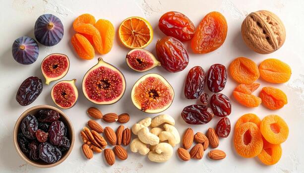Dried Fruits and Nuts Assortment on White Background. photo