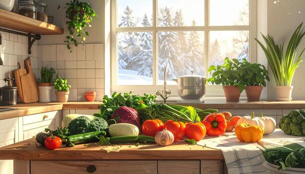 Fresh Vegetables on Kitchen Counter with Winter View. photo