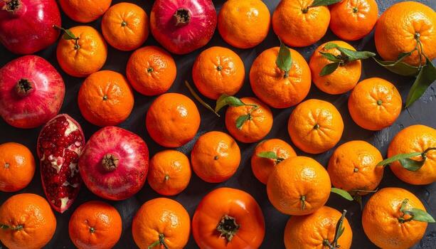 vibrante monitor de granadas y mandarinas un vistoso Fruta acuerdo. foto