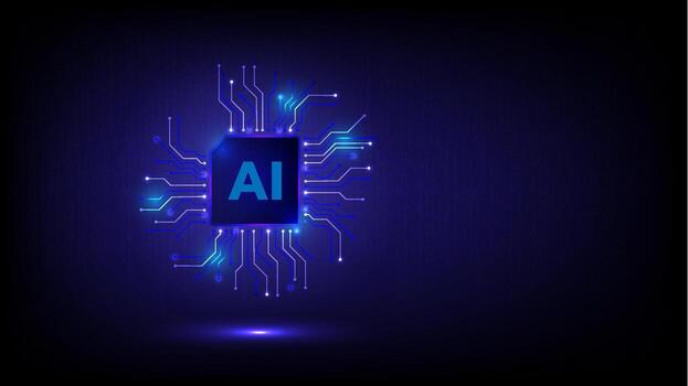 Futuristic AI processor glowing in blue light with digital circuit connections and tech background vector