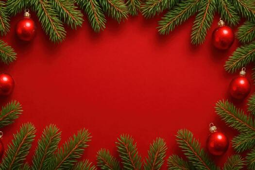 Festive Christmas Frame with Ornaments and Evergreen Branches photo