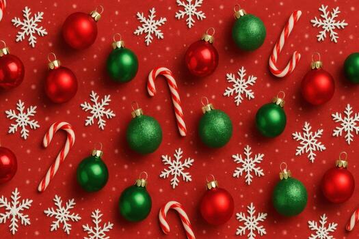 Festive Christmas Ornaments and Candy Canes Scattered on a Red Snowflake Background. photo