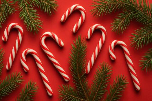 Christmas candy canes and fir tree branches flat lay on a red background. photo