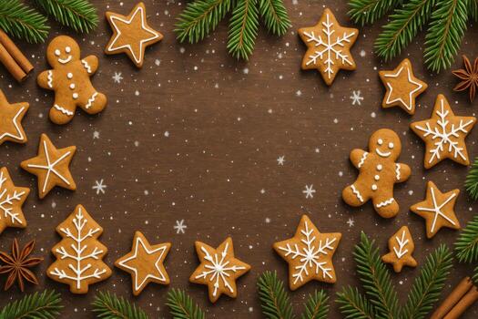 Festive Christmas holiday frame with gingerbread cookies and fir branches. photo