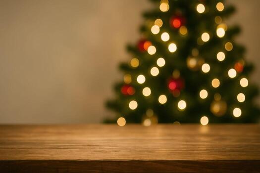 Empty wooden table top with blurred Christmas tree background for product display. photo